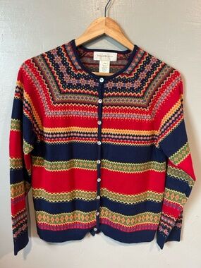 Susan Bristol Red, Navy & Green Fair Isle Button Cardigan